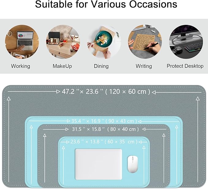 Bleswin Double-Sided Desk Mat, 23.6''×13.8'', PU Leather Mouse Pad, Waterproof Desk Pad, Laptop Leather Desk Mat, Protector for Keyboard and Mouse for Office and Home (Grey+Light Blue)