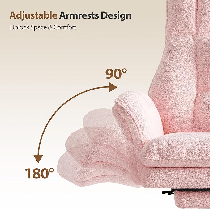 Big and Tall Office Chair, Flip Armrests for Pets & Cross Legged Sitting, Executive Ergonomic Computer Gaming Chair with Foot Rest, Teddy Fleece Wide Seat Reclining Desk Chair, Pink
