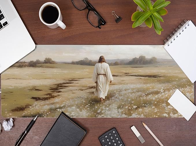 Christian Mouse Pad Jesus and Flroal Desk Mat Religious Large Computer Mouse Pad for Desk, Jesus XL Long Aesthetic Desktop Mats for Office Christian Gifts for Women 31.5x11.8