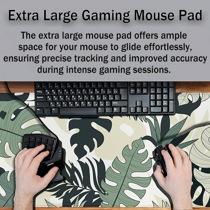 Large Mouse Pad Long Mousepad Desk Mouse Pads Keyboard Mats Gaming Mouse Mat Non-Slip Rubber Base Waterproof with Stitched Edges 35.4 X 15.7 for Game Office, Monstera Leaves