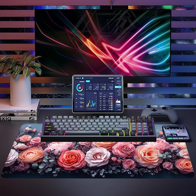 Mouse Pad, Large Anti-Slip with Stitched Edges Desk Mat Desktop Laptop Computer Desk Keyboard Mat,Table Protector Blotter Mat (Pink Flower, 35.4" x 15.7")