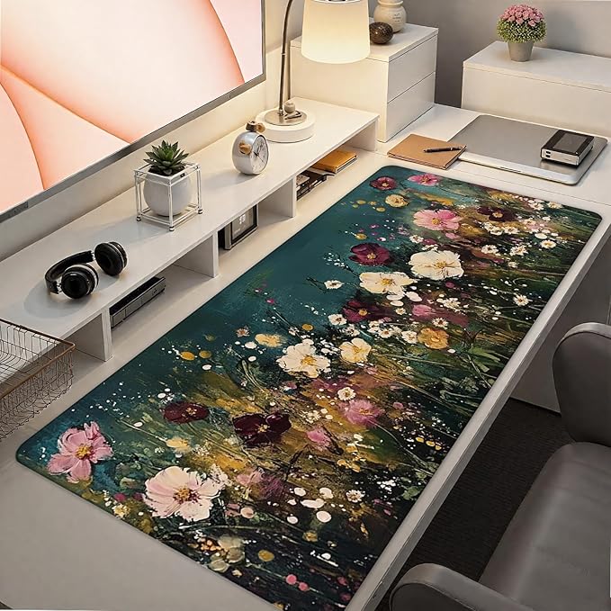 Vintage Wildflower Large Mouse Pad 31.5x15.7inch, Retro Floral Large Extended Computer Desk Mat Mousepad for Keyboard and Mouse, Floral Desk Accessories