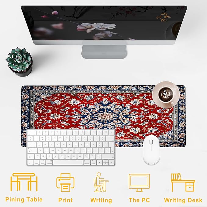 Desk Pad Boho Floral Desk Mat for Keyboard and Mouse, Large Mousepad with Stitched Edges for Work Game Office, 31.5 x 11.8 in