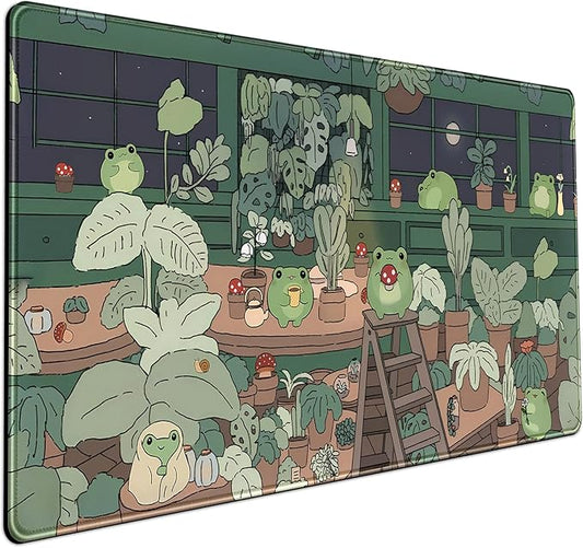 Cute Frog Mouse Pad Desk Pad Kawaii Green Desk Decor Mat, Large Gaming Mouse Pad for Desk Computer Keyboard Laptop, Home Office Accessories for Girl (31.5x15.7 in)-with Stitched Eges Pad