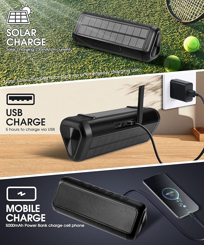 Solar Bluetooth Speaker HD Sound with 5000mAh Power Bank Function, Wireless 50H Playtime,BT5.3,TWS Pairing,IPX6 Waterproof,for Home/Outdoor/Run/Hiking/Travel/Riding/Beach/Camping/Office/Room