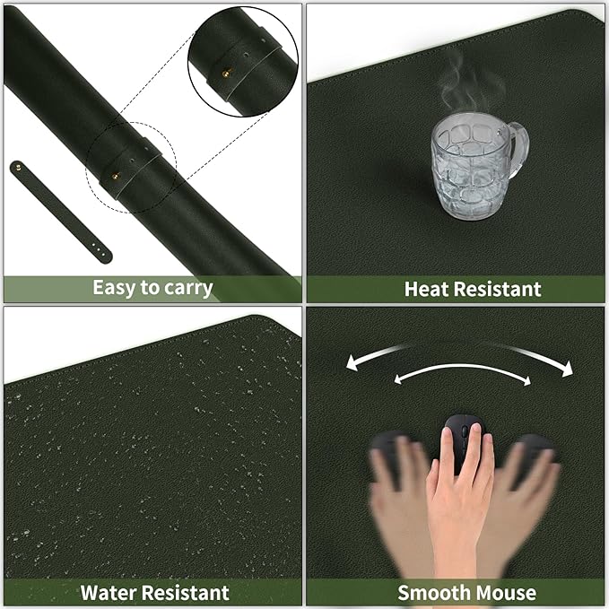 Dual-Sided Desk Mat, Large Pad, Waterproof Smooth PU Leather Blotter Protector, Mouse Pad, Desk Organizers, Office/Home Table Decor for Reading and Writing (Dark Green+Black, 47.2''23.6'')