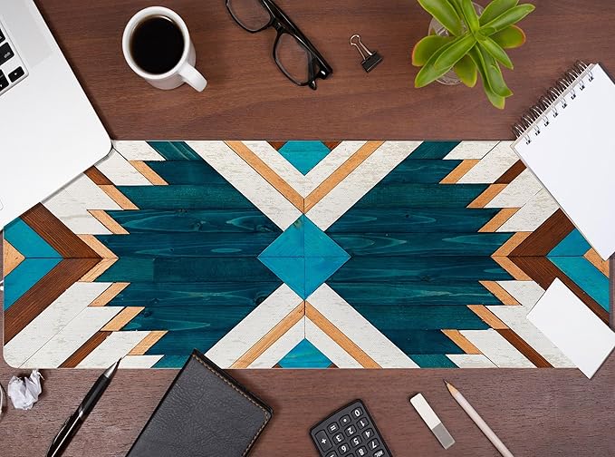Western Mouse Pad, Western Desk Accessories, Blue Green Aztec Rug Desk Mat Retro Gaming Large Mouse Pad for Desk Vintage Computer Gifts for Cowboy Cowgirl Western Office Decor 31.5x11.8