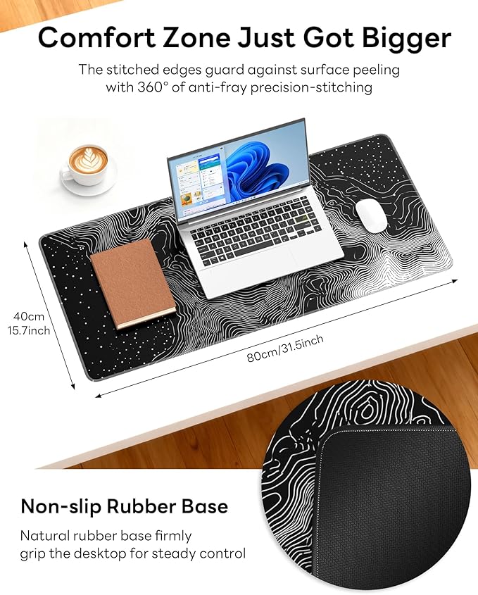 XL Gaming Mouse Pad, 31.5x15.7'' Large Desk Mat with Anti-Slip Rubber Base & Stitched Edges for Gaming, Office, Home - Linear Map