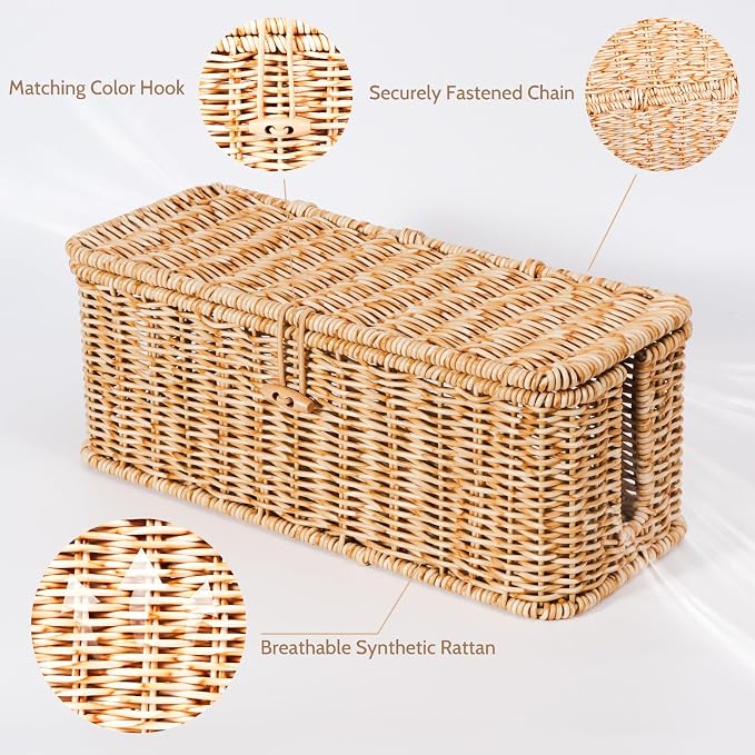BROWNLILY Cable Management Box, Rattan Style Cord Organizer for Desk Cord Hider Outlet Covers Baby Proofing for Power Strip TV PC Router Charger Under Desk Storage with Lockable Lid and Cable Ties - Image 2