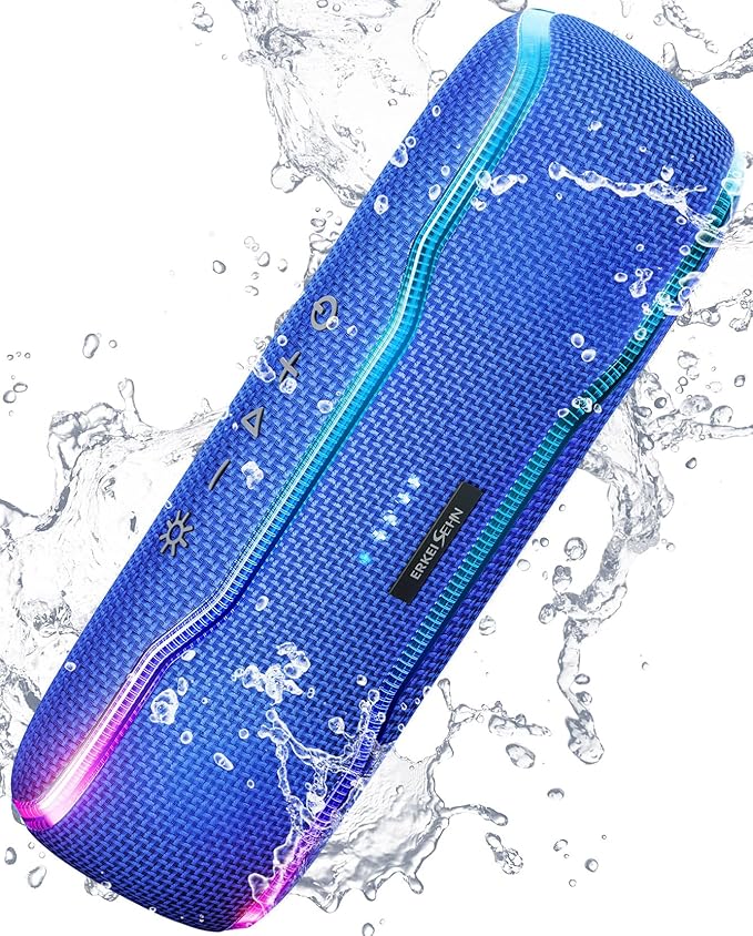 ERKEI SEHN Bluetooth Speaker, IPX7 Waterproof Wireless Speakers, Flashing Light, 25W Super Bass, 24H Playtime, Birthday Valentines Gifts for Him/Men, TWS Pairing, Beach Vacation Essentials, Blue