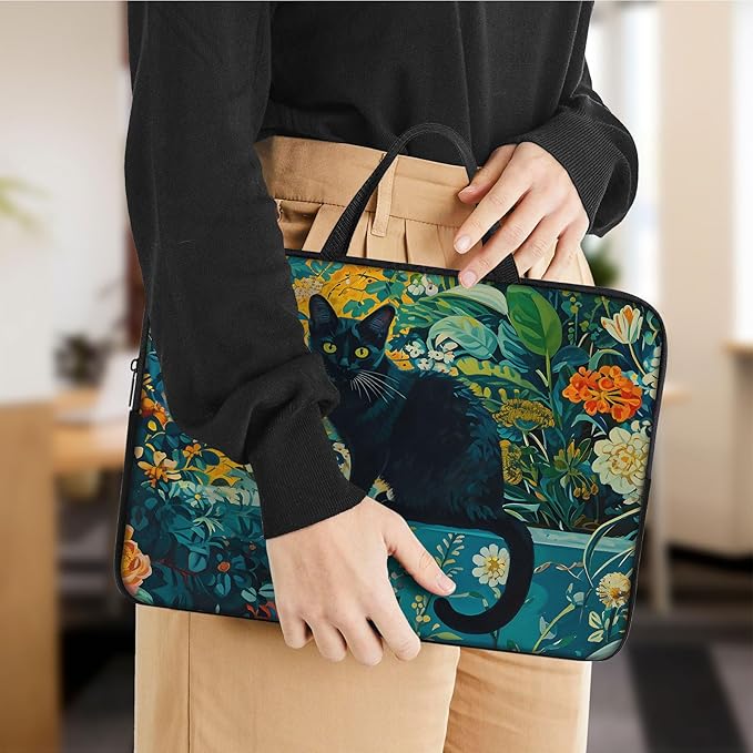 Laptop Sleeve Bag with Handle Computer Protective Soft Cover Case for 14 Inch 13 Inch Laptop,Black Cat Flowers