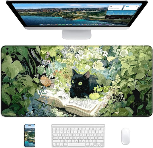 XL Gaming Mouse Pad, 31.5x15.7'' Large Desk Mat with Anti-Slip Rubber Base & Stitched Edges for Gaming, Office, Home - Reading Cat