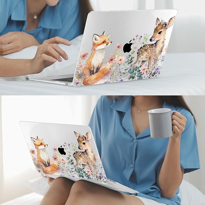 Mektron Case for MacBook Air 13 inch M1 A2337 A2179 A1932,Hard Cover 2018-2021 Air 13-inch with Touch ID, Exclusively Designed Protective Shell with Keyboard Skin+Screen Protector, Fox and Deer