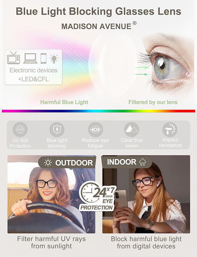 Madison Avenue Trendy Sqaure Blue Light Blocking Glasses for Women with Case, Stylish Anti Glare Glasses for Computer