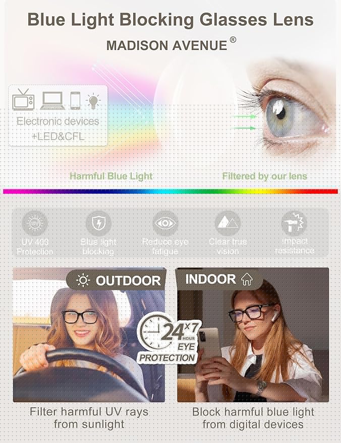 Madison Avenue Trendy Sqaure Blue Light Blocking Glasses for Women with Case, Stylish Anti Glare Glasses for Computer