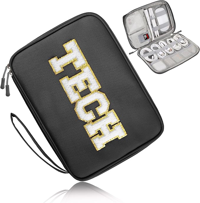 COSHAYSOO Electronics Bag Case Cable Cords Organizer Travel Essentials for Women College Teen Girls Vacation Dorm Accessories Preppy Personalized Gift (Large Black)
