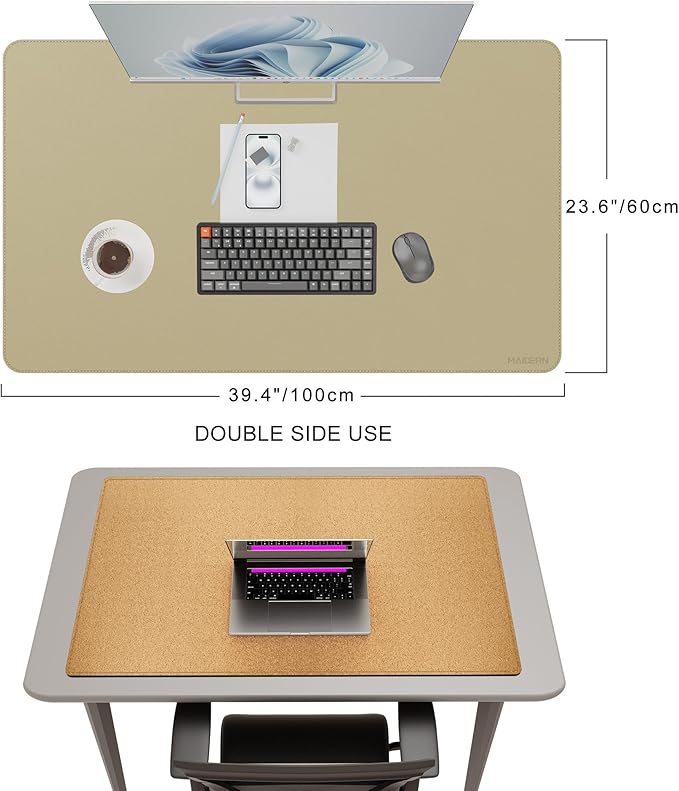 MAIDERN 40” x 24” Leather Desk Mat XL, Large Desk Pad, Reversible Cork & Leather Large Mouse pad for Desk, Waterproof Computer Desk Mat for Gaming Home Office (Golden)