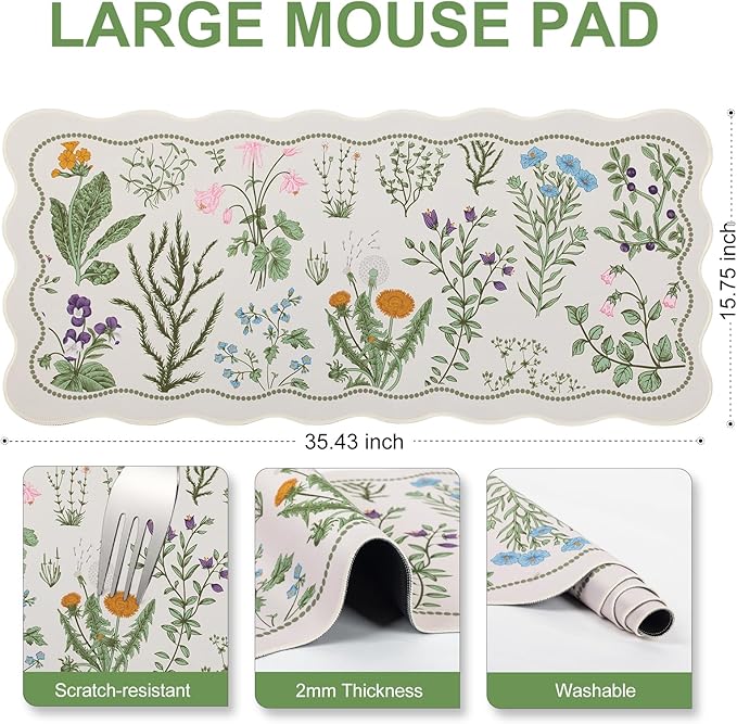 L-SPOUTTO Floral Mouse Pad,Botanical Desk Mat XXL Large Scalloped Gaming Mousepad,35.4x15.7in Non-Slip Keyboard Pad Waterproof Desktop Mat for Laptop Computer Work Game Home Office-Flowers Plants