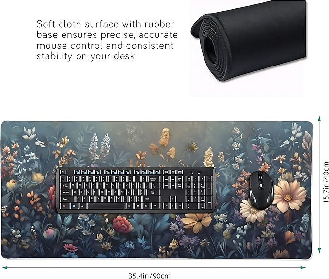 Floral Aesthetic Wildflower Gaming Mouse Pad, Morandi Vintage Botanical Desk Mat with Anti-Slip Base & Stitched Edges,35.4" x 15.7" in Desk Accessories for Women, Home Office Decor & Artistic Gift