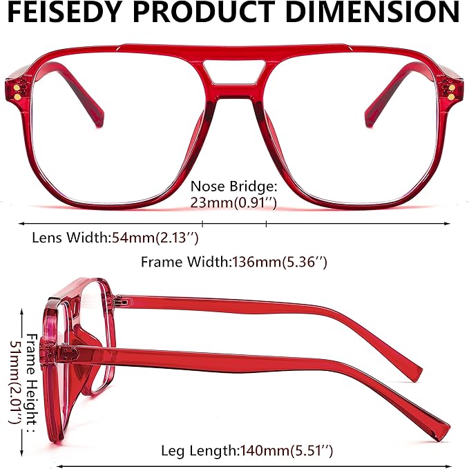 FEISEDY Blue Light Blocking Glasses Fake Nerd Clear Square Computer Lightweight Pilot Glasses Frame Oversized B2866