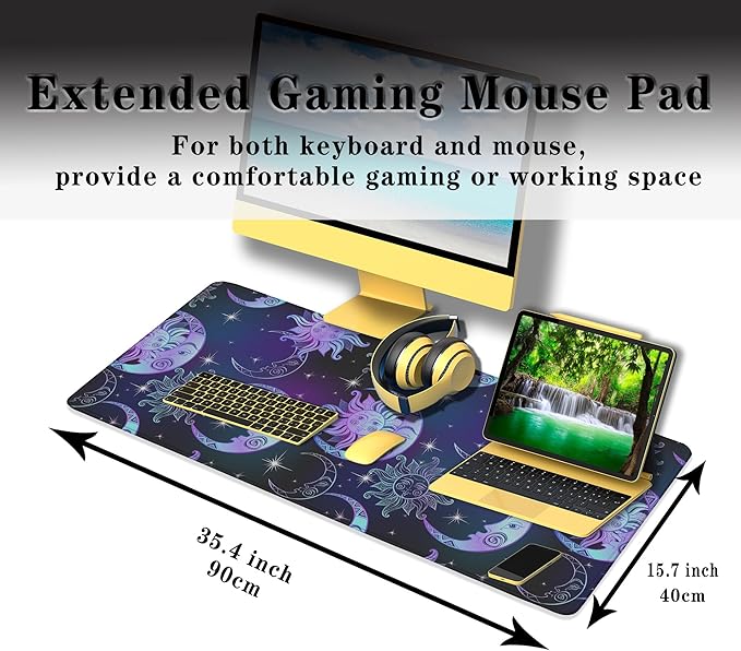 Gaming Mouse Pad Purple Desktop Mat Extra Large Mouse Pads Computer Desk Mat Pc Gaming Mat Waterproof Non-Slip Rubber Base 35.4" X 15.7" for Game Office, Magical Sun and Moon Stars