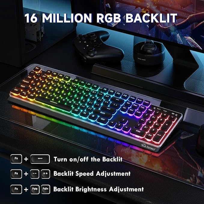 M104 Wireless Gaming Keyboard with Metal Panel Wired/Bluetooth Mechanical Feel Membrane Full Size Keyboard with Numeric Keypad RGB 4000MAH Rechargeable Quiet for PC Gamer-Black