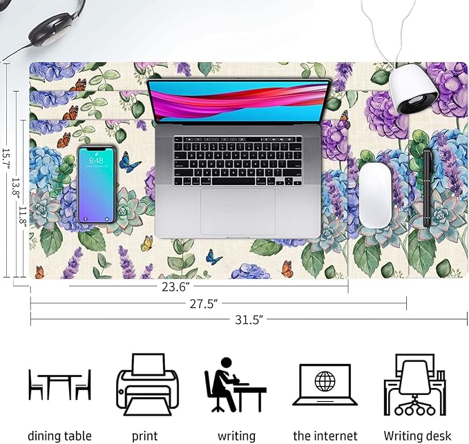Large Mouse Pad, Hydrangea Desk Mat for Desktop, Women Girls Flowers PU Leather Waterproof Desk Pad, Computer PC Laptop Protector Gaming Mouse Pads for School Office Home (27.5" x 13.8")