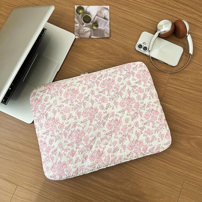 Puffy Laptop Sleeve 13-15.6 Inch Cute Quilted Laptop Protective Case Padded Floral Computer Sleeve for MacBook (B-Pink Floral, 15 Inch)