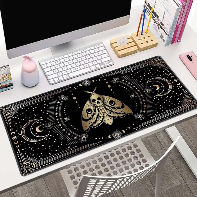 Moth Witch Desk Mat Moon Phases Large Mouse Pad XL Extended Gaming Mousepad Crescents Keyboard Mouse Mat Desk Pad for Computer Laptop 31.5''X11.8'' Non-Slip Rubber Base with Stitched Edges
