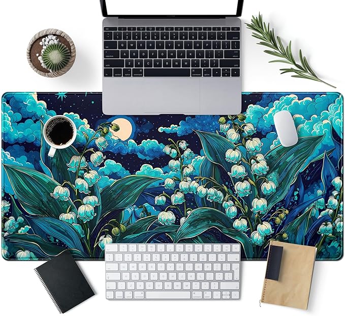 Desk Mat Floral Blue Green Large Mouse Pad 31.5''X15.7'' Lofi Aesthetic Desk Pad Lily of The Valley Extended Gaming Mousepad XXL Keyboard Mouse Mat Pretty Office Decor