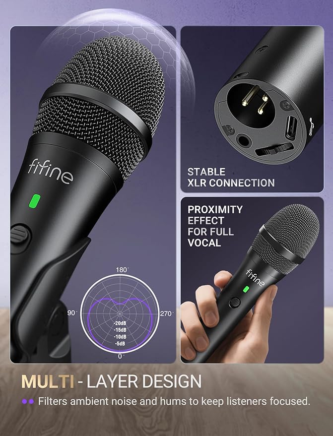 FIFINE USB/XLR Dynamic Microphone for Podcast Recording, Studio Handheld Mic Set with Desktop Stand for Vocal, Voice Over, Streaming, Black-AmpliTank TANK2