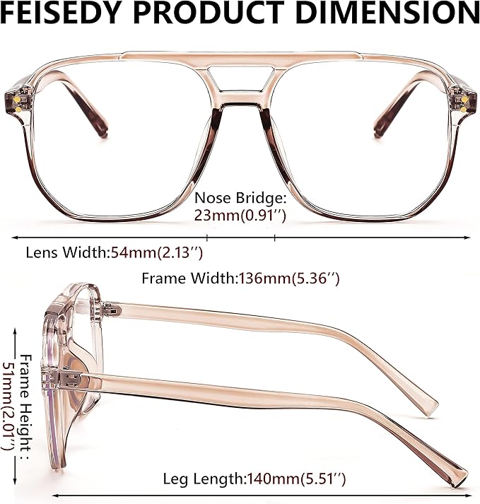 FEISEDY Blue Light Blocking Glasses Fake Nerd Clear Square Computer Lightweight Pilot Glasses Frame Oversized B2866