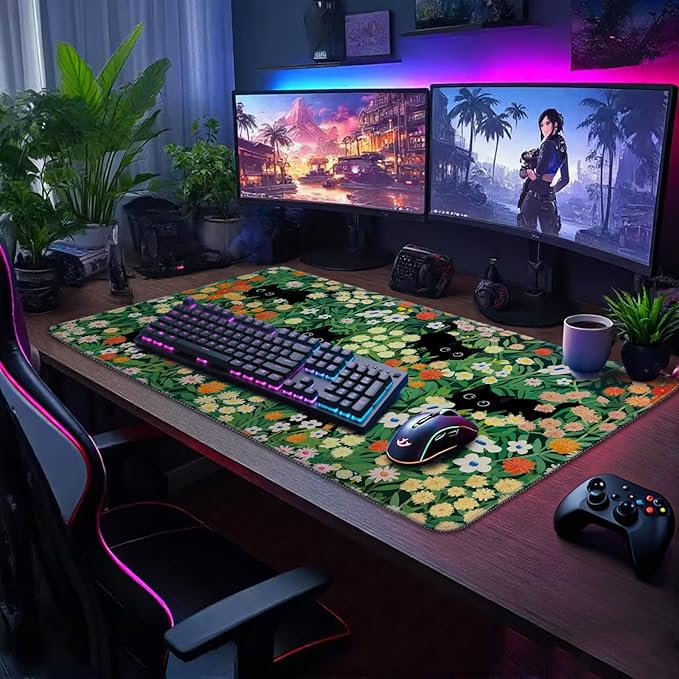 Cute Flower Cat Large Gaming Mouse Pad 31.5"x15.7", Flower XXL Desk Mat, Non-Slip Rubber Base & Stitched Edges Extended Mousepad for PC/Laptop/Office/Home Decor