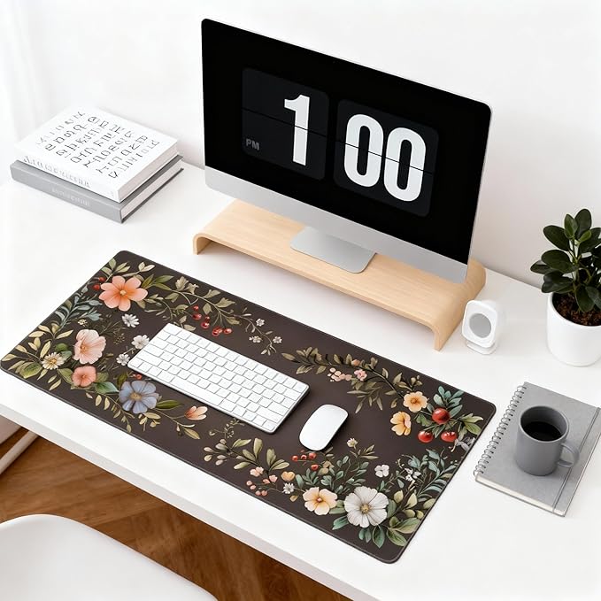 Cute Floral Aesthetic Wildflower Gaming Mouse Pad, Dark Charcoal Cottagecore Desk Mat with Anti-Slip Base & Stitched Edges, Computer Keyboard & Laptop Pad, 35.4" x 15.7" in in Workstation Accessories