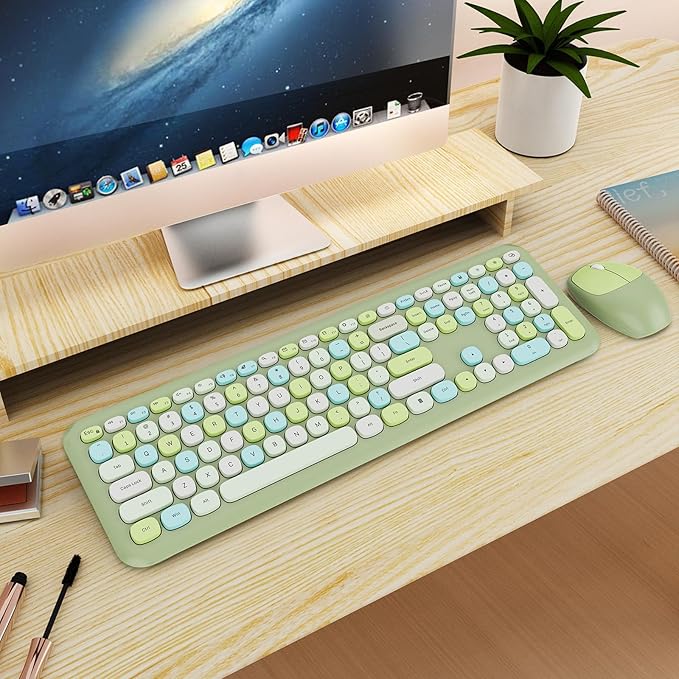 Wireless Keyboard and Mouse Combo, Colorful Ergonomic Full Size Retro Low-Noise Keyboard with Cute keycaps, Compatible with Windows, PC, Perfer for Home and Office Keyboards (Green)