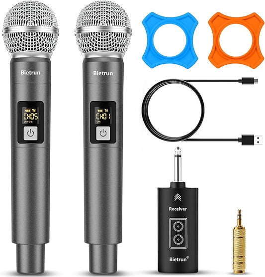 Bietrun Wireless Microphone, UHF Dual Handheld Cordless Dynamic Metal Mic Set with Rechargeable Receiver, 1/4'' Plug Output, for Karaoke, Church, Wedding, Party Singing(98 ft Range)(Auto Connect)