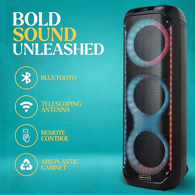 Dolphin KaraokeBox 380: Triple 8" Bluetooth Party Speaker – Powerful Sound System, Long-Lasting Rechargeable Battery, LED Lights, 35-Inch Tall, Portable Design, AUX/USB/TF/Bluetooth Connectivity