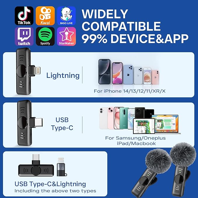 Wireless Lavalier Microphone for iPhone iPad (Lightning) - 2 Pack Mini Lapel Mic with Noise Reduction for Video Recording TikTok YouTube Vlog Interview Professional Plug & Play Clip on Mic