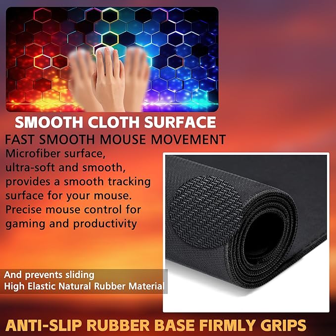 Desk Mat, Colorful Honeycomb Technology Desk Pad,Hexagonal Honeycomb Large Gaming Mouse Pad for Desk,31.5"x15.7" Extended Big Computer Keyboard Mouse Pad with Non-Slip Base and Stitched Edge