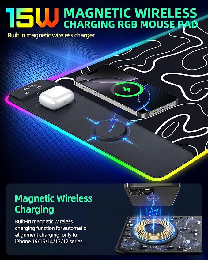 Wireless Charging Mouse Pad, RGB Gaming Mousepad, 31.5"x15.7" Extra Large Desk Pad, 13 Light Modes, Non-Slip Base, Waterproof Computer Keyboard Mat for MacBook, PC, Laptop, Black Topographic Line