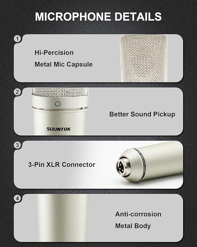 XLR Microphone, Professional Condenser Microphone with 34mm Large Diaphragm, Cardioid Studio Recording Mic Computer Gaming PC TM87KB Mic Kit for Singing, Podcasting, YouTube (Silver)