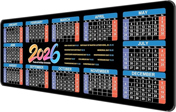 Dynippy Thin Extended Gaming Mouse Pad （31.5 * 11.8 * 0.08 inch） with Stitched Edges Large Mousepad Long XXL Keyboard and Mouse pad Desk Mat for Gaming Office & Home - 2026 Calendar Holiday Schedule