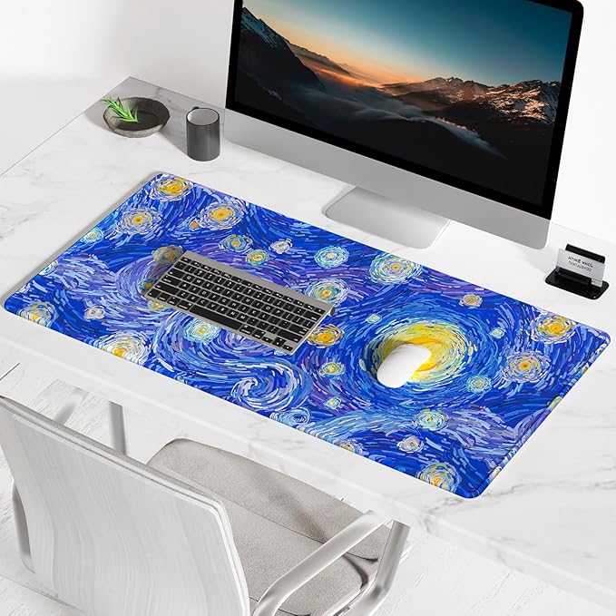 BOSOBO Large Mouse Pad, Desk Pad, XXL XL Extended Gaming Mouse Pad, Desk Mat for Office & Home, Long Keyboard Mat, Huge Mouse Pad, Desktop Full Cover 31.5 x 11.8 Inches, Van Gogh Starry Night