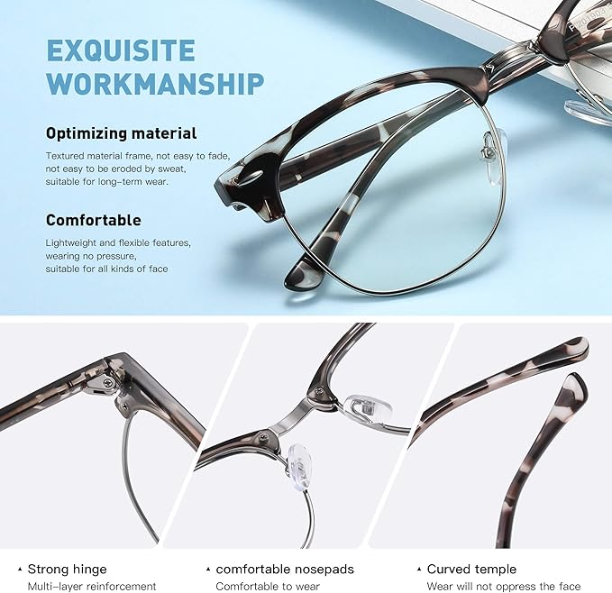 Blue Light Blocking Glasses Vintage Half Frame UV Clear Lens Anti Eyestrain Computer Gaming Glasses for Women Men
