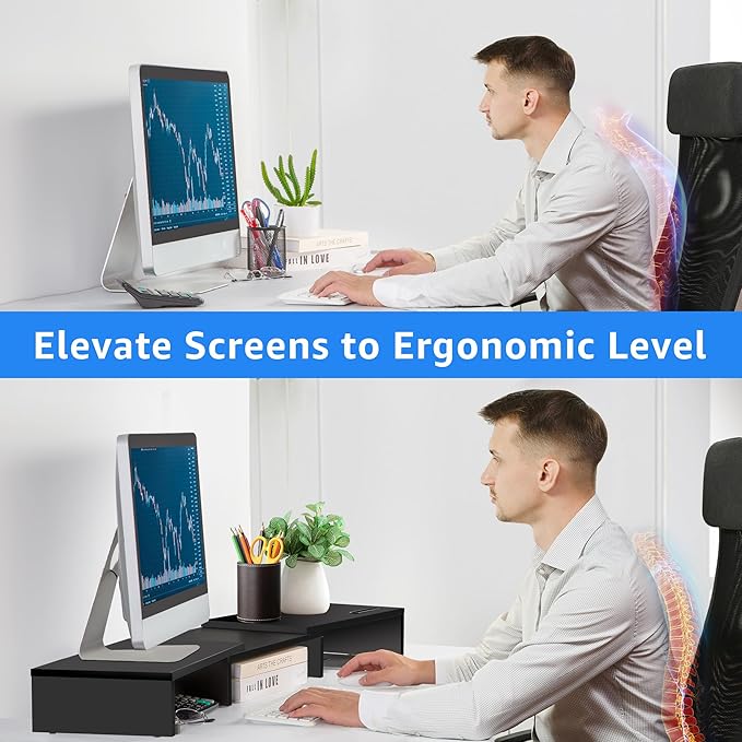 La Jaco Dual Monitor Stand Riser for 2 Monitors, Monitor Stand for Desk, Adjustable Length & Swivel Angle Wooden Desktop Organizer Stand Riser with Smartphone Holder for PC Monitor Laptop, Black