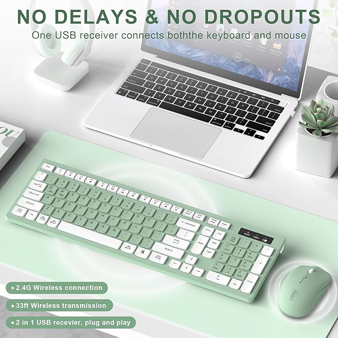 Wireless Keyboard and Mouse Combo, Full-Sized Wireless Keyboard and Adjustable DPI Mouse, 2.4GHz USB Receiver, Silent Keyboard and Mouse for PC, Windows, MAC, Desktop, Laptop (Avocado Green)