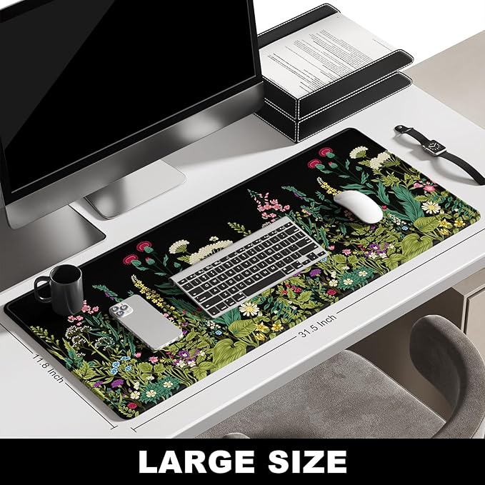 BOSOBO Large Mouse Pad, Desk Pad, XXL XL Extended Gaming Mouse Pad, Desk Mat for Office & Home, Long Keyboard Mat, Huge Mouse Pad, Desktop Full Cover 31.5 x 11.8 Inches, Silent Midnight Flowers Black