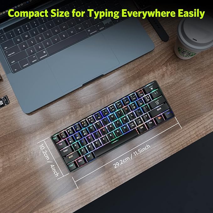 61 Keys RGB Wireless and Wired Mechanical Gaming Keyboard with Blue Switches, Audible Click Sound Rainbow Portable Compact Mini Office Keyboard for Windows PC Gaming, (F-SG61)