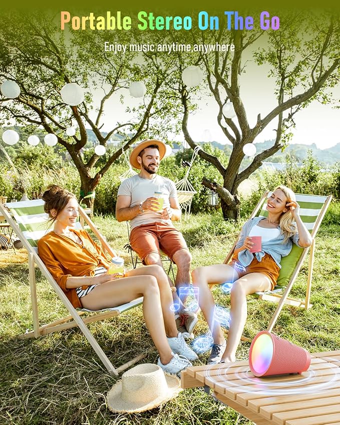 Portable Bluetooth Speaker Wireless with 9 Color Lights, 20H Playtime, Stereo Pairing, Deep Bass, IPX6 Waterproof, Bluetooth 5.3, Small Speaker for Home, Party, Outdoor, Camping