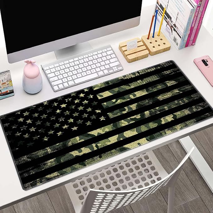 Large Mouse Pad, Desk Mat, Gaming Mouse Pad, XL Mouse Pad for Desk, Desk Pad for Keyboard Mice, Desk Matt for Desktop, Extended Long Mousepad Thin, 31.5 x 11.8 Inch American Flag with Camouflage